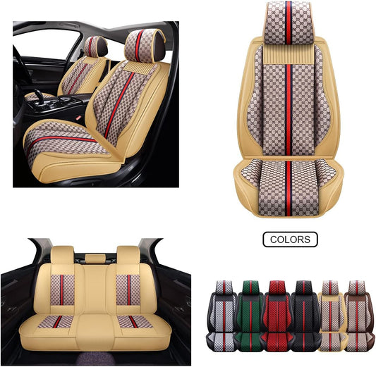 Car Seat Covers Premium Waterproof Faux Leather Cushion Universal Accessories Fit SUV Truck Sedan Automotive Vehicle Auto Interior Protector Full Set (OS-007 Tan)