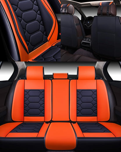 Car Seat Covers Premium Waterproof Faux Leather Cushion Universal Accessories Fit SUV Truck Sedan Automotive Vehicle Auto Interior Protector Full Set (OS-004 Orange)